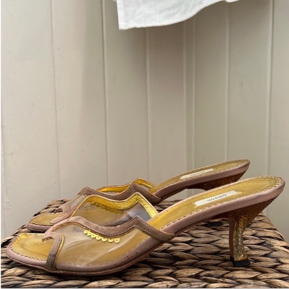 Prada Gold Suede Trimmed Textured Lucite Heeled Mules - Picture 12 of 14